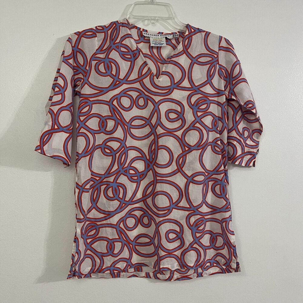 Gretchen Scott Blue Orange String Swirls Printed Cotton Summer Tunic Blouse 6/8